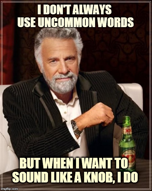 The Most Interesting Man In The World | I DON'T ALWAYS USE UNCOMMON WORDS; BUT WHEN I WANT TO SOUND LIKE A KNOB, I DO | image tagged in memes,the most interesting man in the world | made w/ Imgflip meme maker