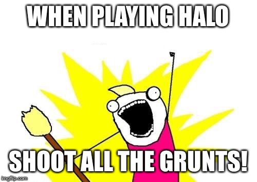 X All The Y Meme | WHEN PLAYING HALO; SHOOT ALL THE GRUNTS! | image tagged in memes,x all the y | made w/ Imgflip meme maker