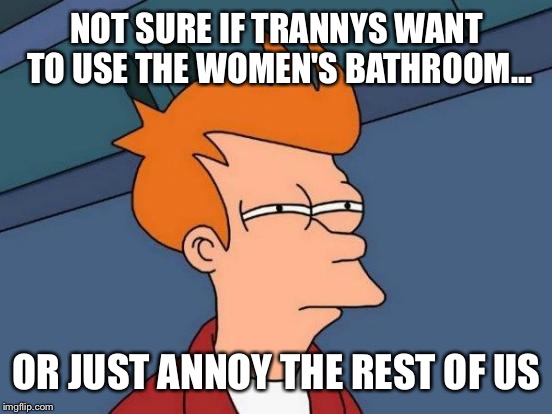 Futurama Fry Meme | NOT SURE IF TRANNYS WANT TO USE THE WOMEN'S BATHROOM... OR JUST ANNOY THE REST OF US | image tagged in memes,futurama fry | made w/ Imgflip meme maker