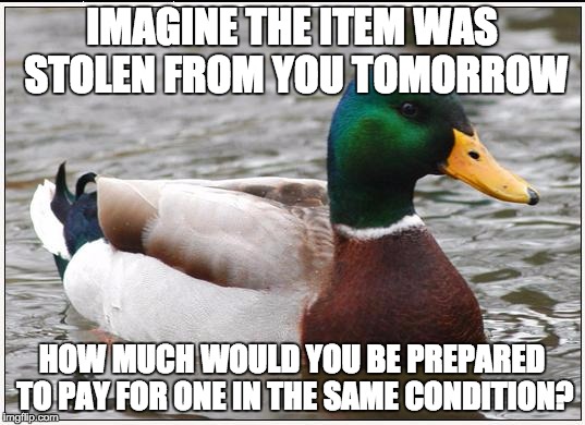 Actual Advice Mallard Meme | IMAGINE THE ITEM WAS STOLEN FROM YOU TOMORROW; HOW MUCH WOULD YOU BE PREPARED TO PAY FOR ONE IN THE SAME CONDITION? | image tagged in memes,actual advice mallard,AdviceAnimals | made w/ Imgflip meme maker