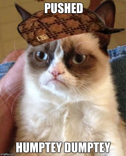 Grumpy Cat | PUSHED; HUMPTEY DUMPTEY | image tagged in memes,grumpy cat,scumbag | made w/ Imgflip meme maker