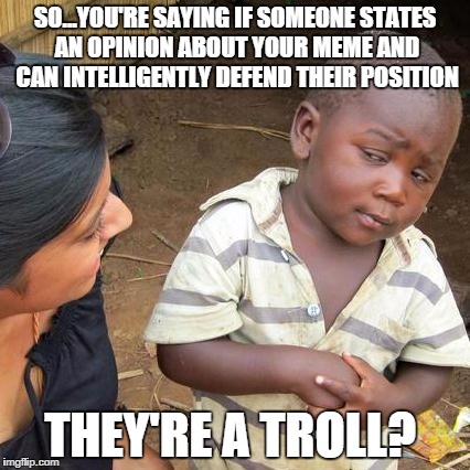 Third World Skeptical Kid Meme | SO...YOU'RE SAYING IF SOMEONE STATES AN OPINION ABOUT YOUR MEME AND CAN INTELLIGENTLY DEFEND THEIR POSITION; THEY'RE A TROLL? | image tagged in memes,third world skeptical kid | made w/ Imgflip meme maker