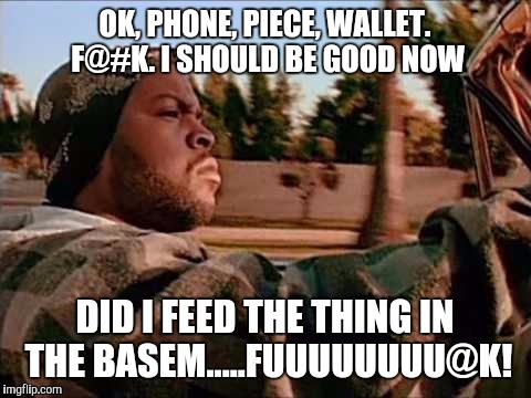 OK, PHONE, PIECE, WALLET. F@#K. I SHOULD BE GOOD NOW DID I FEED THE THING IN THE BASEM.....FUUUUUUUU@K! | made w/ Imgflip meme maker