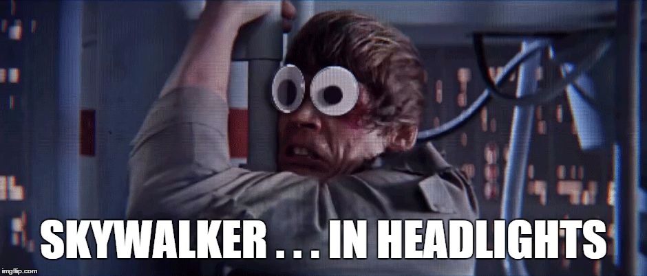 Skywalker googley eyes | SKYWALKER . . . IN HEADLIGHTS | image tagged in skywalker googley eyes | made w/ Imgflip meme maker