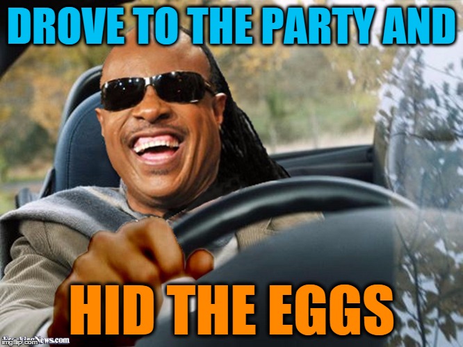 Stevie Wonder driving | DROVE TO THE PARTY AND HID THE EGGS | image tagged in stevie wonder driving | made w/ Imgflip meme maker