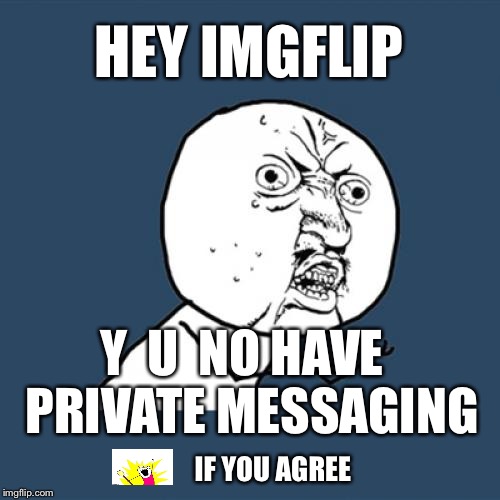 If users want Private Messaging then we should let them know!  | HEY IMGFLIP; Y  U  NO HAVE  PRIVATE MESSAGING; IF YOU AGREE | image tagged in memes,y u no,imgflip,social media,vote | made w/ Imgflip meme maker