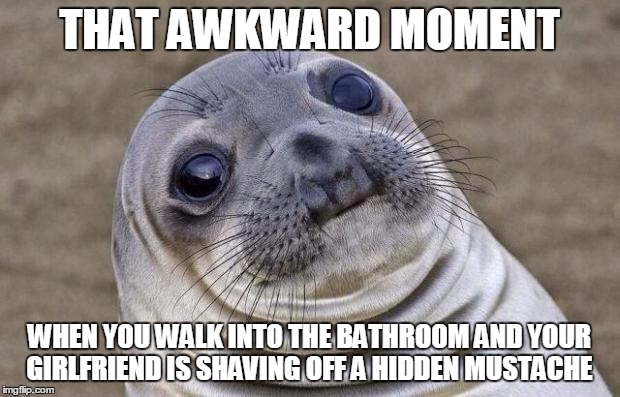 Awkward Moment Sealion Meme | THAT AWKWARD MOMENT; WHEN YOU WALK INTO THE BATHROOM AND YOUR GIRLFRIEND IS SHAVING OFF A HIDDEN MUSTACHE | image tagged in memes,awkward moment sealion | made w/ Imgflip meme maker