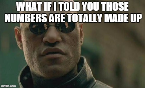 Matrix Morpheus Meme | WHAT IF I TOLD YOU THOSE NUMBERS ARE TOTALLY MADE UP | image tagged in memes,matrix morpheus | made w/ Imgflip meme maker