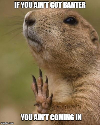 Bitch, I'm a marmot, not a squirrel |  IF YOU AIN'T GOT BANTER; YOU AIN'T COMING IN | image tagged in bitch i'm a marmot not a squirrel | made w/ Imgflip meme maker