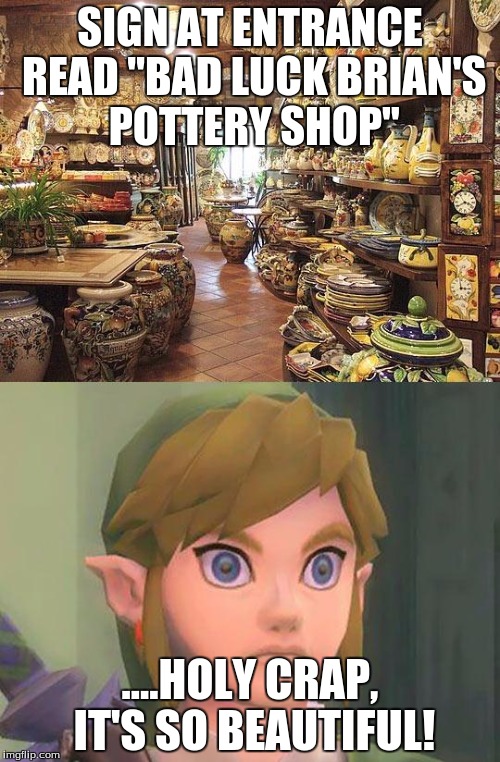 zelda | SIGN AT ENTRANCE READ "BAD LUCK BRIAN'S POTTERY SHOP"; ....HOLY CRAP, IT'S SO BEAUTIFUL! | image tagged in zelda | made w/ Imgflip meme maker