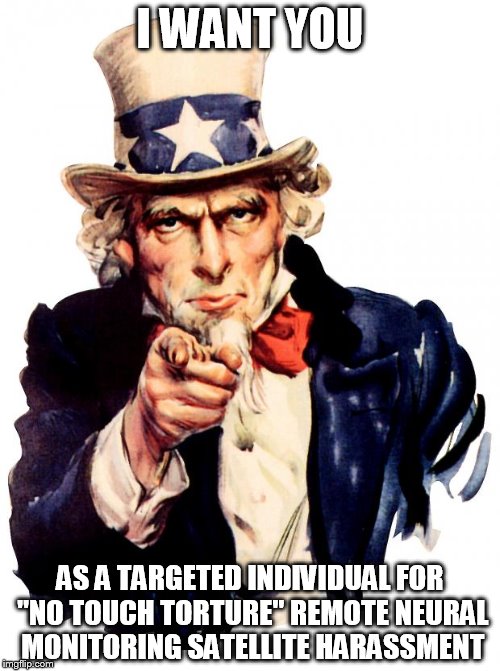 The "War on Terrorism"... The "War on Drugs"... No. The "War on American Citizens" conducted by American Citizens(corrupt pigs). | I WANT YOU; AS A TARGETED INDIVIDUAL FOR "NO TOUCH TORTURE" REMOTE NEURAL MONITORING SATELLITE HARASSMENT | image tagged in memes,uncle sam | made w/ Imgflip meme maker