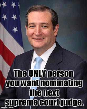 The election just got deadly serious. RIP Scalia. | The ONLY person you want nominating the next supreme court judge. | image tagged in ted cruz,election 2016,not funny | made w/ Imgflip meme maker