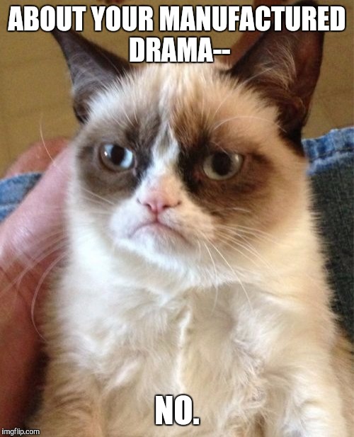 Grumpy Cat | ABOUT YOUR MANUFACTURED DRAMA--; NO. | image tagged in memes,grumpy cat | made w/ Imgflip meme maker