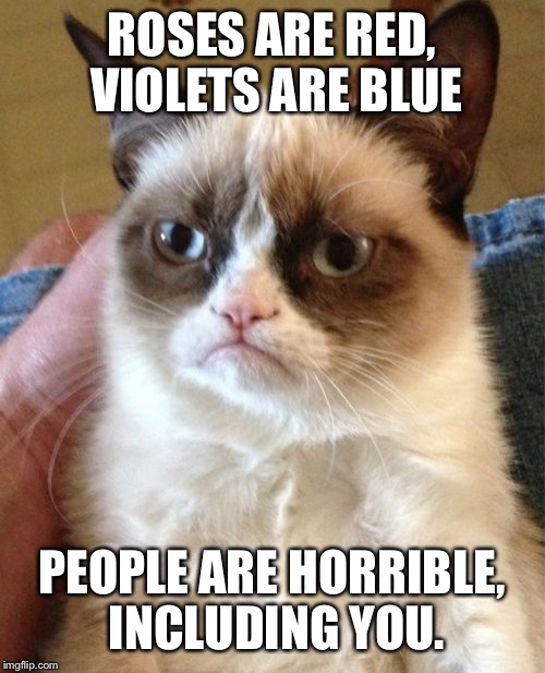 Grumpy Cat | ROSES ARE RED, VIOLETS ARE BLUE; PEOPLE ARE HORRIBLE, INCLUDING YOU. | image tagged in memes,grumpy cat | made w/ Imgflip meme maker