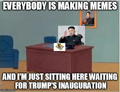 Then again, he might be waiting to feel the Bern | EVERYBODY IS MAKING MEMES; AND I'M JUST SITTING HERE WAITING FOR TRUMP'S INAUGURATION | image tagged in memes,spiderman computer desk,spiderman,donald trump,election 2016,nuclear explosion | made w/ Imgflip meme maker