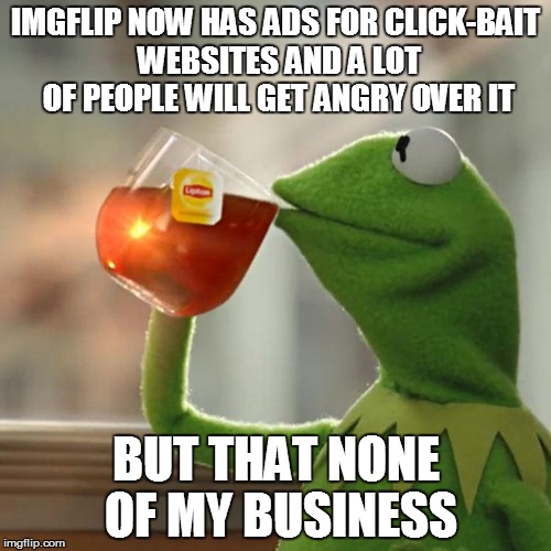 But That's None Of My Business Meme | IMGFLIP NOW HAS ADS FOR CLICK-BAIT WEBSITES AND A LOT OF PEOPLE WILL GET ANGRY OVER IT; BUT THAT NONE OF MY BUSINESS | image tagged in memes,but thats none of my business,kermit the frog | made w/ Imgflip meme maker