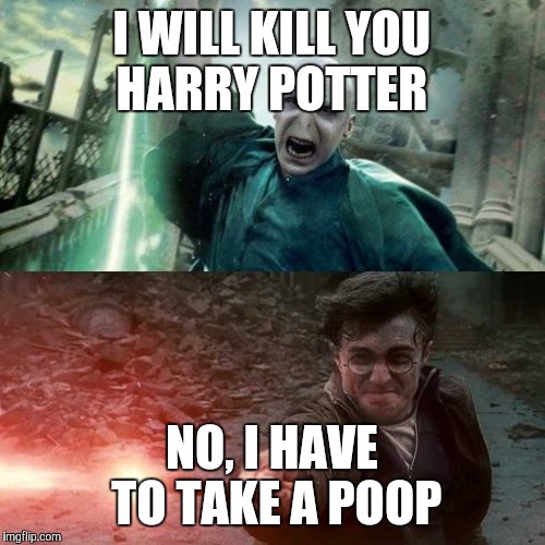 Harry Potter meme | I WILL KILL YOU HARRY POTTER; NO, I HAVE TO TAKE A POOP | image tagged in harry potter meme | made w/ Imgflip meme maker