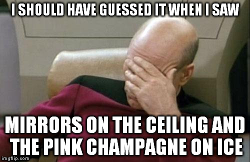 Captain Picard Facepalm Meme | I SHOULD HAVE GUESSED IT WHEN I SAW MIRRORS ON THE CEILING AND THE PINK CHAMPAGNE ON ICE | image tagged in memes,captain picard facepalm | made w/ Imgflip meme maker