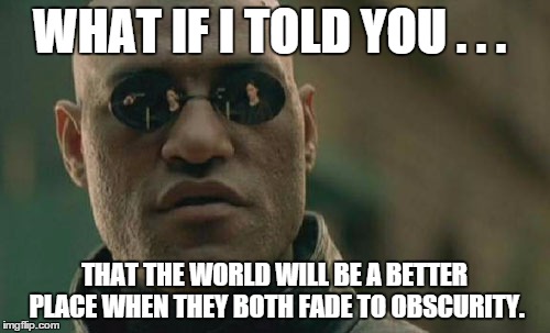 Matrix Morpheus Meme | WHAT IF I TOLD YOU . . . THAT THE WORLD WILL BE A BETTER PLACE WHEN THEY BOTH FADE TO OBSCURITY. | image tagged in memes,matrix morpheus | made w/ Imgflip meme maker