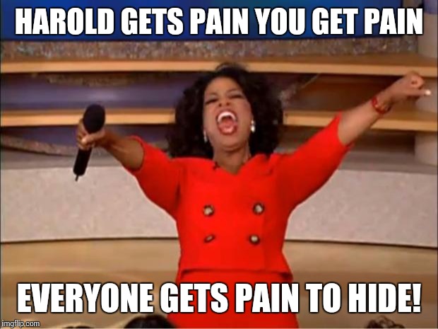 Oprah You Get A | HAROLD GETS PAIN YOU GET PAIN; EVERYONE GETS PAIN TO HIDE! | image tagged in memes,oprah you get a | made w/ Imgflip meme maker
