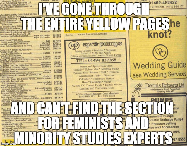 Where Are They? | I'VE GONE THROUGH THE ENTIRE YELLOW PAGES; AND CAN'T FIND THE SECTION FOR FEMINISTS AND MINORITY STUDIES EXPERTS | image tagged in feminists,sjws,minority,gender,women's studies | made w/ Imgflip meme maker