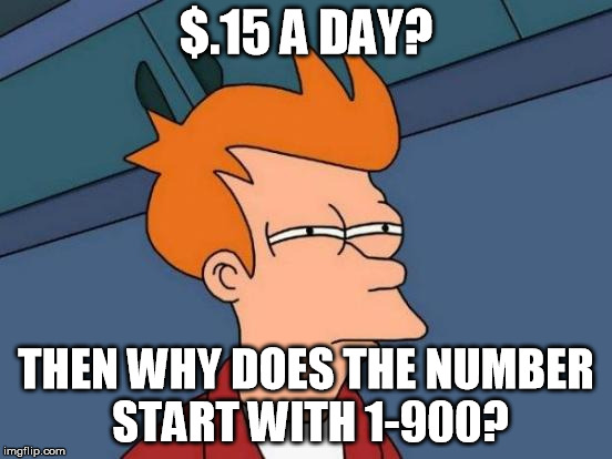Futurama Fry Meme | $.15 A DAY? THEN WHY DOES THE NUMBER START WITH 1-900? | image tagged in memes,futurama fry | made w/ Imgflip meme maker