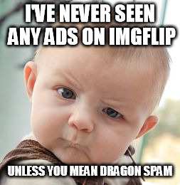 Skeptical Baby Meme | I'VE NEVER SEEN ANY ADS ON IMGFLIP UNLESS YOU MEAN DRAGON SPAM | image tagged in memes,skeptical baby | made w/ Imgflip meme maker