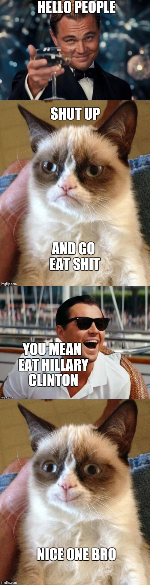 Leonardo and grumpy cat insult | HELLO PEOPLE; SHUT UP; AND GO EAT SHIT; YOU MEAN EAT HILLARY CLINTON; NICE ONE BRO | image tagged in grumpy cat,leonardo dicaprio cheers,hillary clinton | made w/ Imgflip meme maker