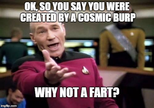 when your "logic" smells | OK, SO YOU SAY YOU WERE CREATED BY A COSMIC BURP; WHY NOT A FART? | image tagged in memes,picard wtf,funny memes,big bang,creation | made w/ Imgflip meme maker