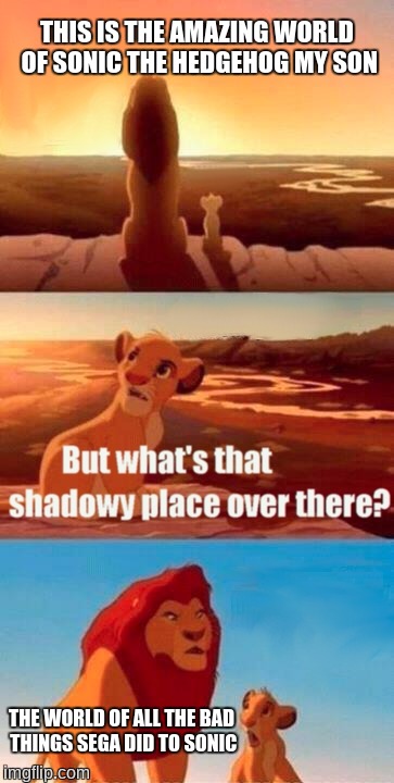 Simba Shadowy Place | THIS IS THE AMAZING WORLD OF SONIC THE HEDGEHOG MY SON; THE WORLD OF ALL THE BAD THINGS SEGA DID TO SONIC | image tagged in memes,simba shadowy place,sonic the hedgehog,modern sonic sucks | made w/ Imgflip meme maker
