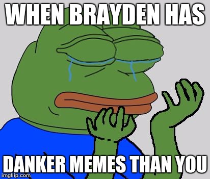 pepe cry | WHEN BRAYDEN HAS; DANKER MEMES THAN YOU | image tagged in pepe cry | made w/ Imgflip meme maker