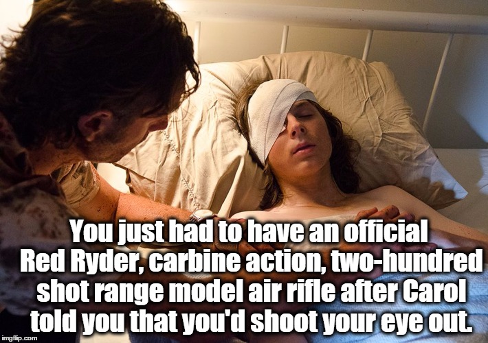 Carl great adventure | You just had to have an official Red Ryder, carbine action, two-hundred shot range model air rifle after Carol told you that you'd shoot your eye out. | image tagged in rick and carl 3,the walking dead season 6 meme | made w/ Imgflip meme maker