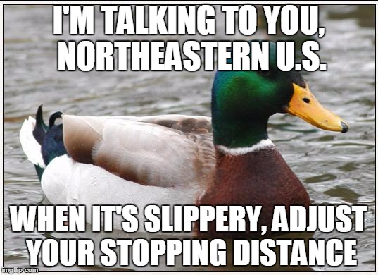 Actual Advice Mallard Meme | I'M TALKING TO YOU, NORTHEASTERN U.S. WHEN IT'S SLIPPERY, ADJUST YOUR STOPPING DISTANCE | image tagged in memes,actual advice mallard | made w/ Imgflip meme maker