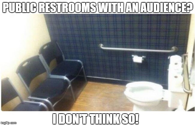 Public rest rooms with a view | PUBLIC RESTROOMS WITH AN AUDIENCE? I DON'T THINK SO! | image tagged in public restrooms,toilet with a view | made w/ Imgflip meme maker