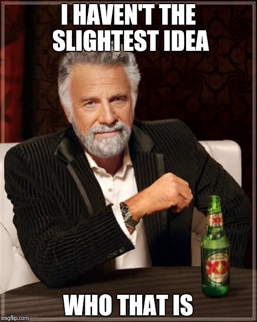 The Most Interesting Man In The World Meme | I HAVEN'T THE SLIGHTEST IDEA WHO THAT IS | image tagged in memes,the most interesting man in the world | made w/ Imgflip meme maker