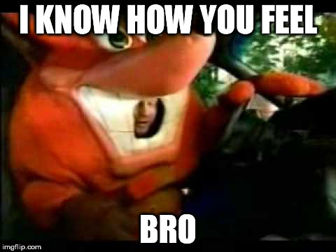 Crash Bandicoot Driving | I KNOW HOW YOU FEEL BRO | image tagged in crash bandicoot driving | made w/ Imgflip meme maker