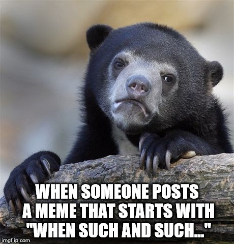 Confession Bear Meme | WHEN SOMEONE POSTS A MEME THAT STARTS WITH "WHEN SUCH AND SUCH..." | image tagged in memes,confession bear | made w/ Imgflip meme maker