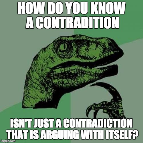 Philosoraptor Meme | HOW DO YOU KNOW A CONTRADITION ISN'T JUST A CONTRADICTION THAT IS ARGUING WITH ITSELF? | image tagged in memes,philosoraptor | made w/ Imgflip meme maker