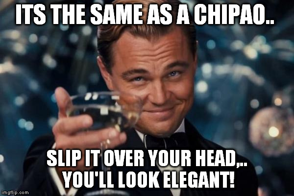 Leonardo Dicaprio Cheers Meme | ITS THE SAME AS A CHIPAO.. SLIP IT OVER YOUR HEAD,.. YOU'LL LOOK ELEGANT! | image tagged in memes,leonardo dicaprio cheers | made w/ Imgflip meme maker