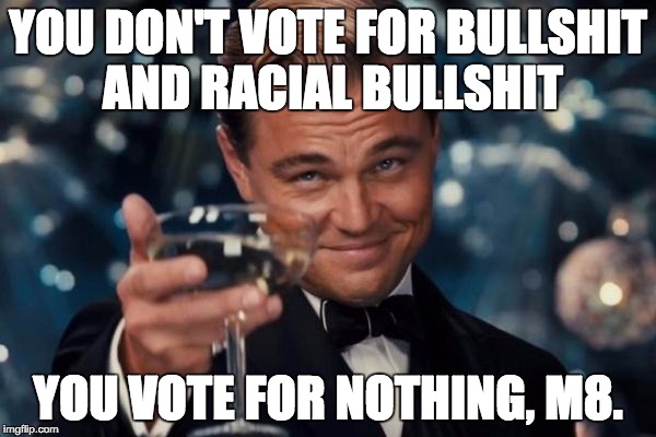 My own shit. | YOU DON'T VOTE FOR BULLSHIT AND RACIAL BULLSHIT; YOU VOTE FOR NOTHING, M8. | image tagged in memes,leonardo dicaprio cheers | made w/ Imgflip meme maker