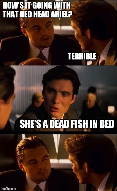 Inception Meme | HOW'S IT GOING WITH THAT RED HEAD ARIEL? TERRIBLE; SHE'S A DEAD FISH IN BED | image tagged in memes,inception | made w/ Imgflip meme maker