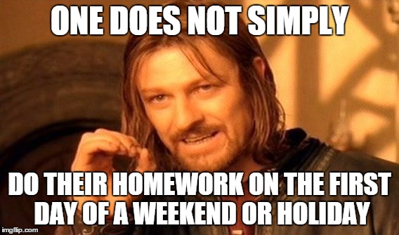 One Does Not Simply Meme | ONE DOES NOT SIMPLY; DO THEIR HOMEWORK ON THE FIRST DAY OF A WEEKEND OR HOLIDAY | image tagged in memes,one does not simply | made w/ Imgflip meme maker