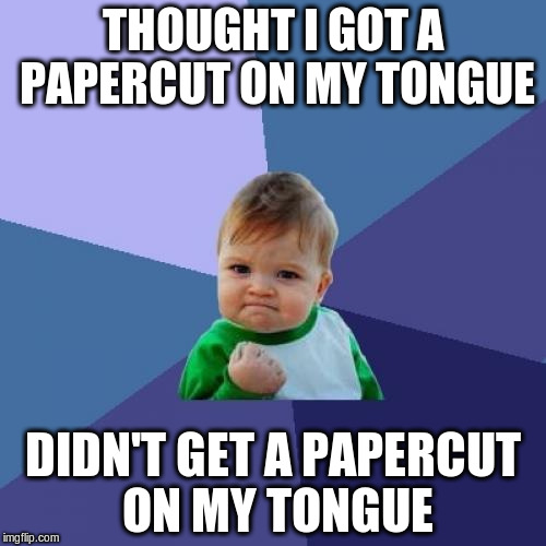 OUCH right when i was licking that envelope | THOUGHT I GOT A PAPERCUT ON MY TONGUE; DIDN'T GET A PAPERCUT ON MY TONGUE | image tagged in memes,success kid | made w/ Imgflip meme maker