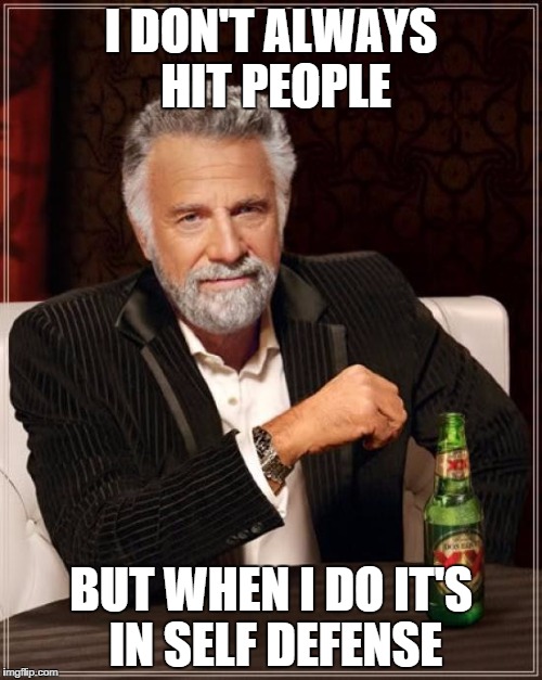 The Most Interesting Man In The World Meme | I DON'T ALWAYS HIT PEOPLE; BUT WHEN I DO IT'S IN SELF DEFENSE | image tagged in memes,the most interesting man in the world | made w/ Imgflip meme maker