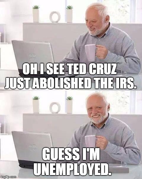 Flat Pain Tax | OH I SEE TED CRUZ JUST ABOLISHED THE IRS. GUESS I'M UNEMPLOYED. | image tagged in memes,hide the pain harold,funny,political,ted cruz,politics | made w/ Imgflip meme maker