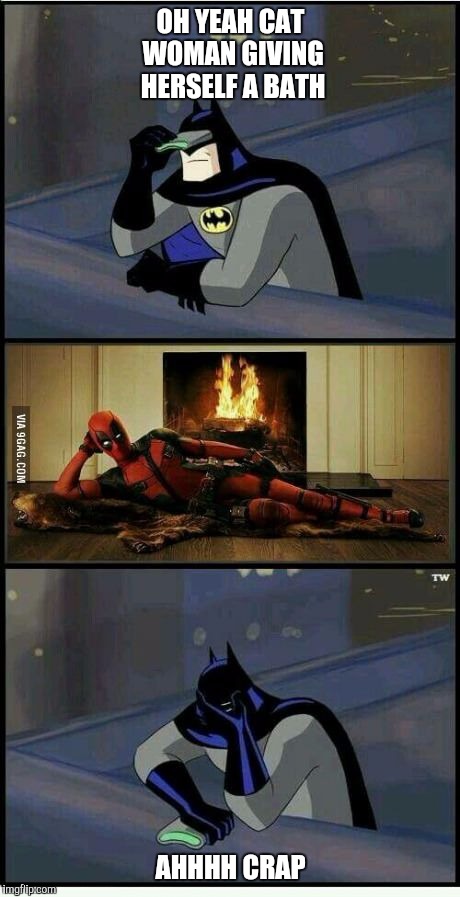 Batman and Deadpool | OH YEAH CAT WOMAN GIVING HERSELF A BATH; AHHHH CRAP | image tagged in batman and deadpool | made w/ Imgflip meme maker