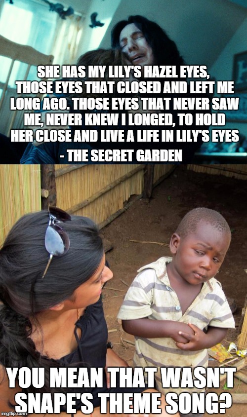 SHE HAS MY LILY'S HAZEL EYES, THOSE EYES THAT CLOSED AND LEFT ME LONG AGO. THOSE EYES THAT NEVER SAW ME, NEVER KNEW I LONGED, TO HOLD HER CLOSE AND LIVE A LIFE IN LILY'S EYES; - THE SECRET GARDEN; YOU MEAN THAT WASN'T SNAPE'S THEME SONG? | image tagged in harry potter,snape,3rd world sceptical child,the secret garden | made w/ Imgflip meme maker