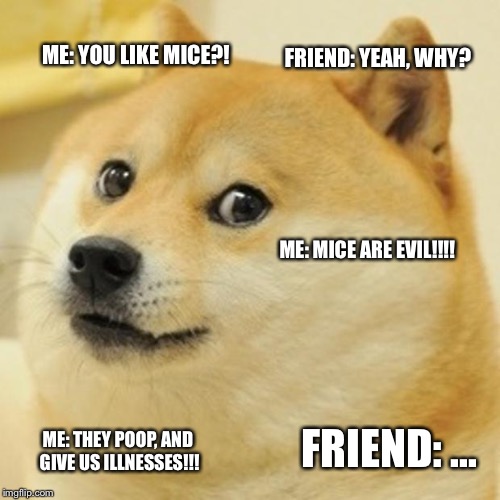 Doge Meme | ME: YOU LIKE MICE?! FRIEND: YEAH, WHY? ME: MICE ARE EVIL!!!! FRIEND: ... ME: THEY POOP, AND GIVE US ILLNESSES!!! | image tagged in memes,doge | made w/ Imgflip meme maker