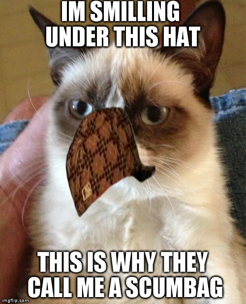 Grumpy Cat | IM SMILLING UNDER THIS HAT; THIS IS WHY THEY CALL ME A SCUMBAG | image tagged in memes,grumpy cat,scumbag | made w/ Imgflip meme maker