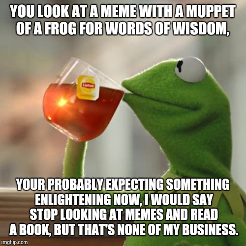 But That's None Of My Business | YOU LOOK AT A MEME WITH A MUPPET OF A FROG FOR WORDS OF WISDOM, YOUR PROBABLY EXPECTING SOMETHING ENLIGHTENING NOW, I WOULD SAY STOP LOOKING AT MEMES AND READ A BOOK, BUT THAT'S NONE OF MY BUSINESS. | image tagged in memes,but thats none of my business,kermit the frog | made w/ Imgflip meme maker